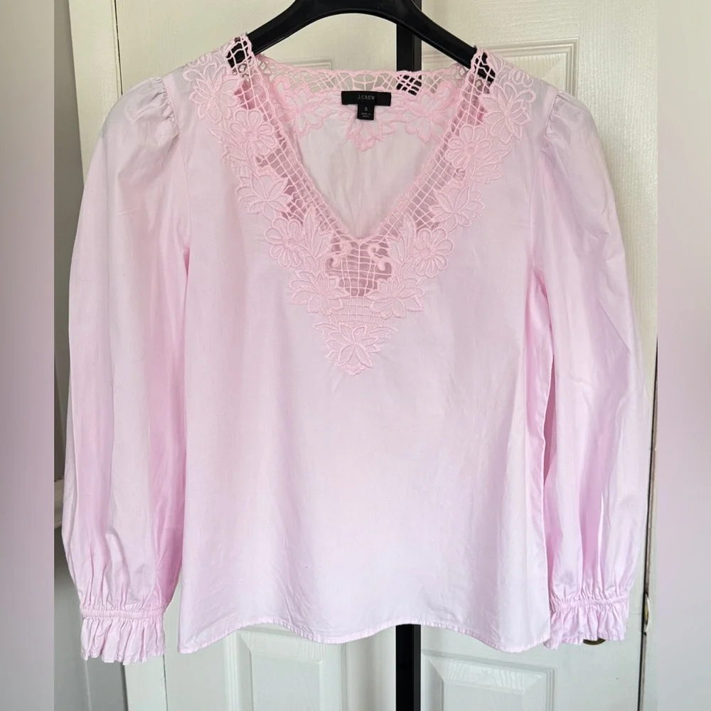 J. Crew Light Pink Lace-Trim V-Neck Blouse